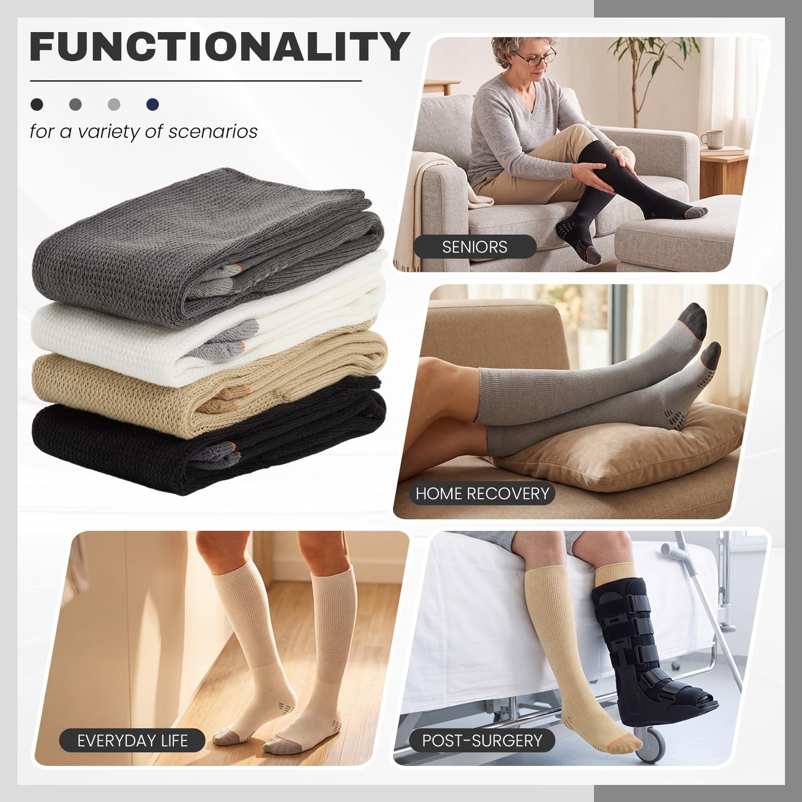 4 Pairs Orthopedic Boot Socks Replacement Liner for Walker Brace & Cast – Black,