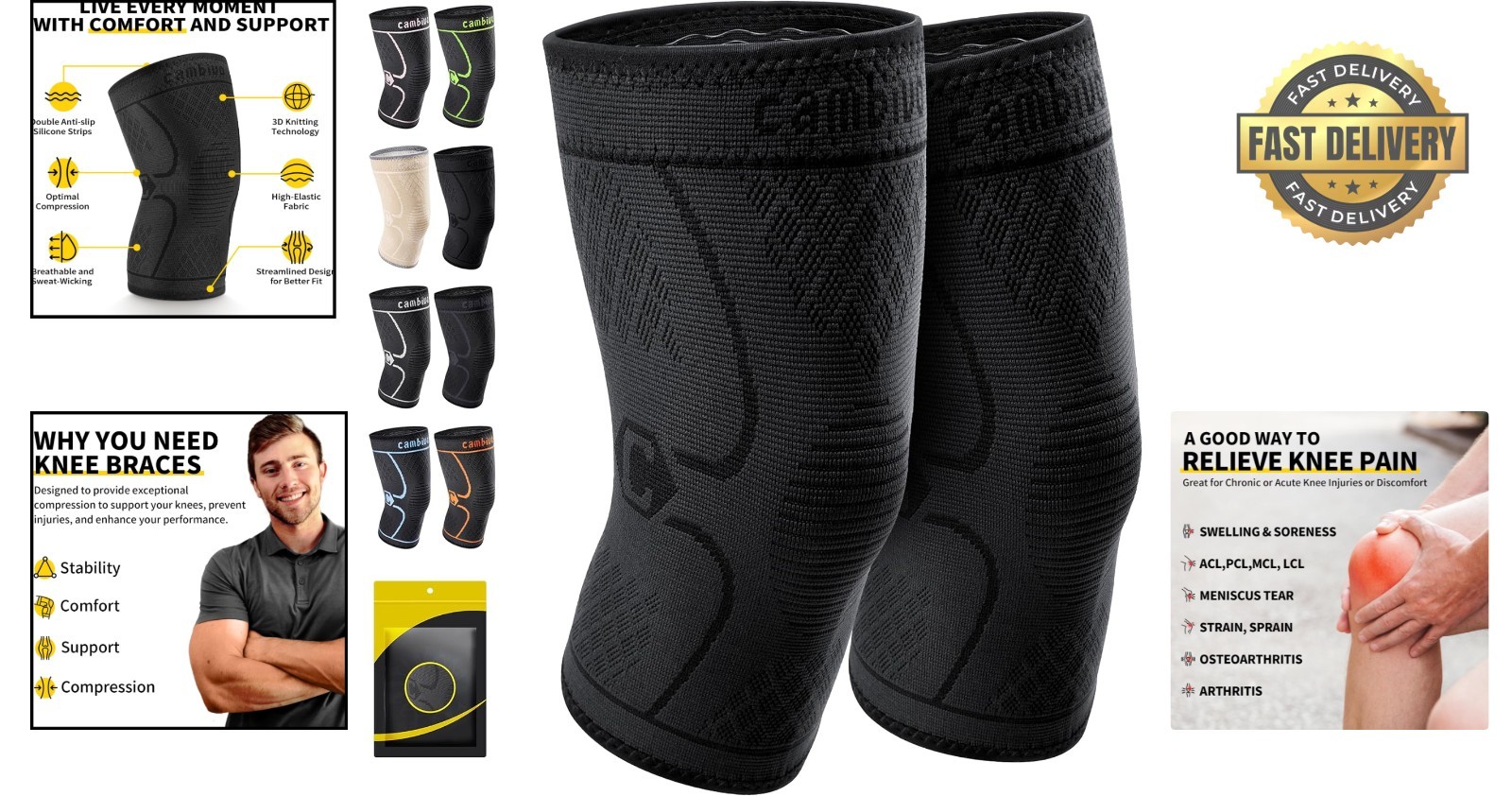 2 Pack Knee Brace Compression Sleeves – Support for Running & Sports (Large)
