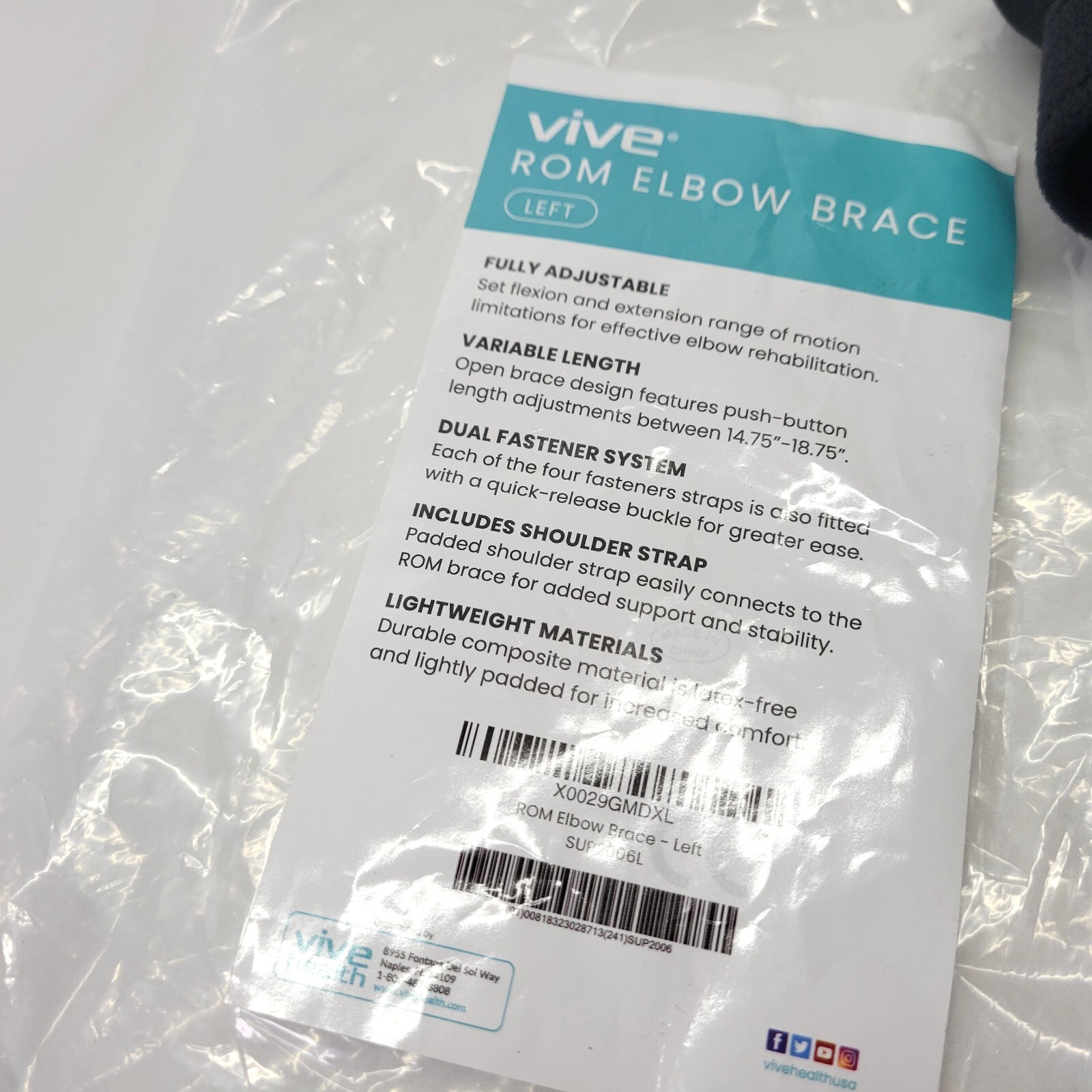 Vive Hinged Elbow Brace ROM Left Shoulder Strap Adjustable Support Sling SUP2006
