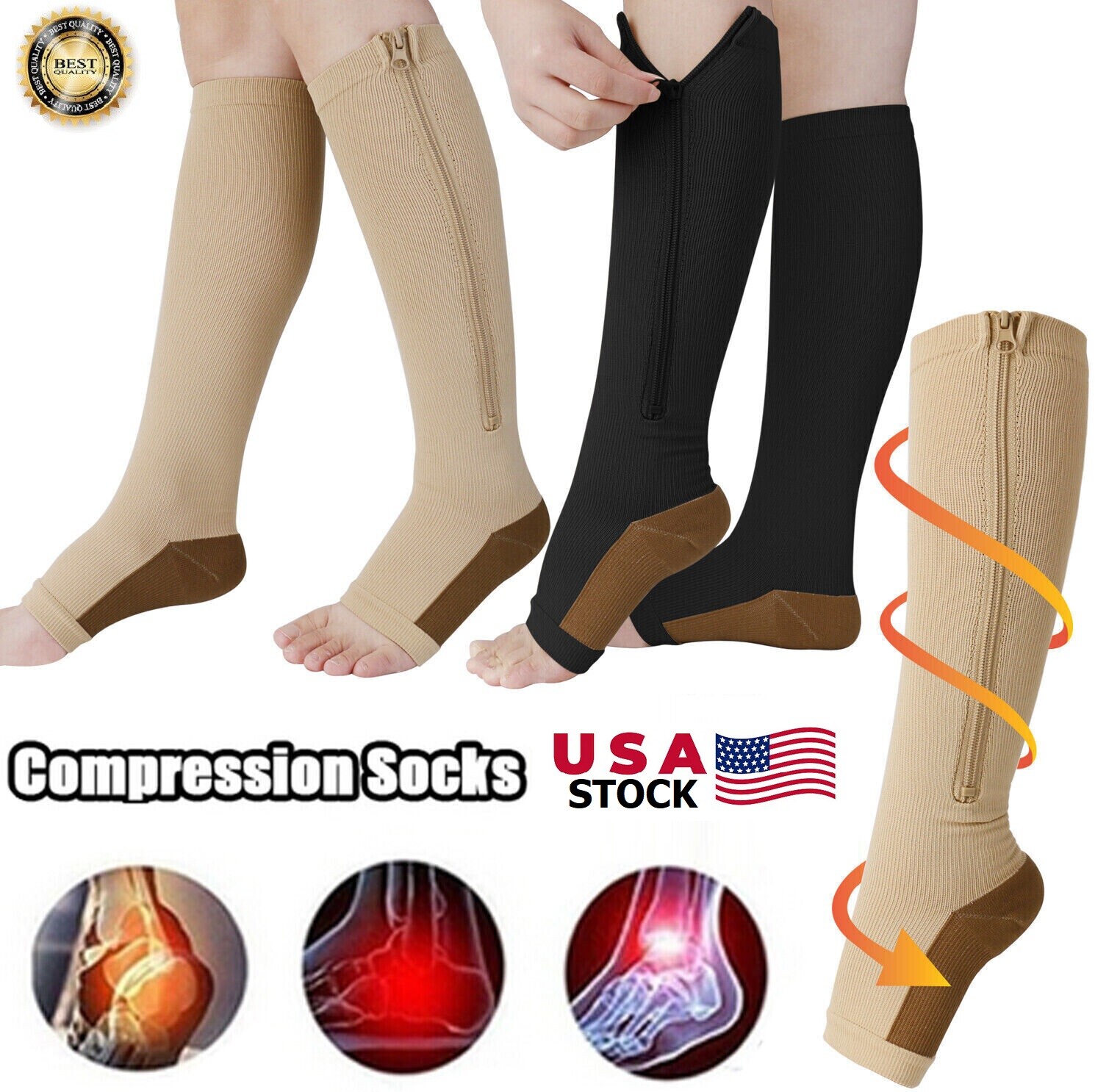 Zip Up Closed Toe Compression Zipper Socks Calf Support Stockings Women Men US