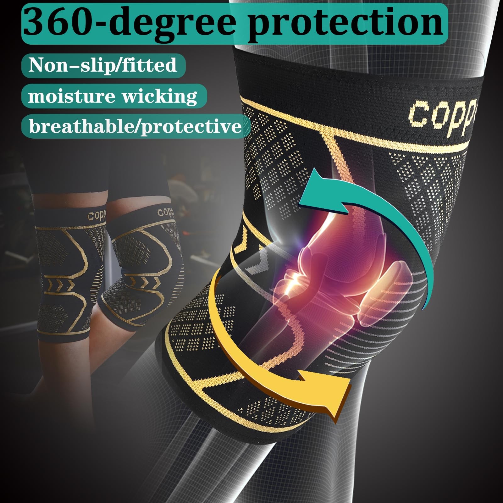 Copper Knee Braces 2 Pack, Compression Sleeve for Pain Relief, 2XL