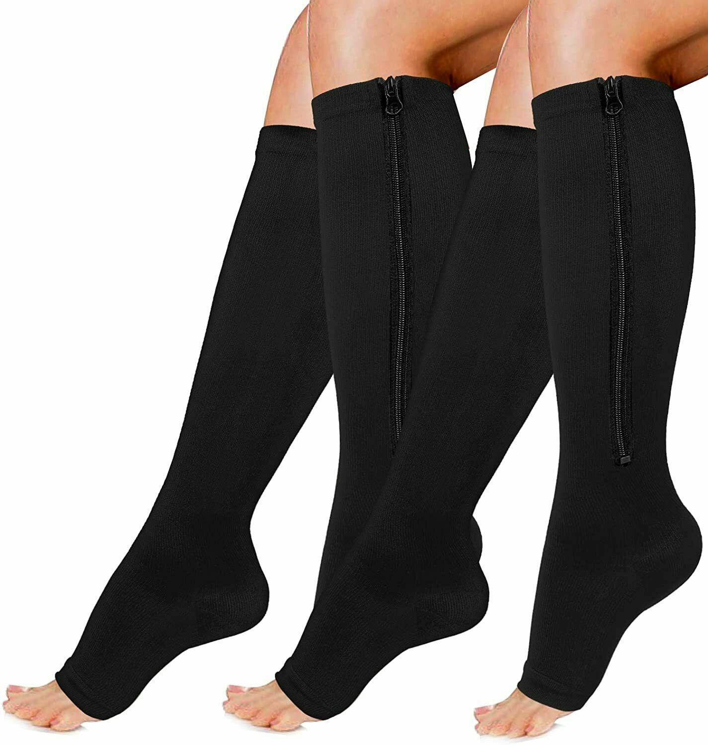 3-Pair Zipper Compression Socks for Men/Women 20-30mmHg with Open Toe Knee High