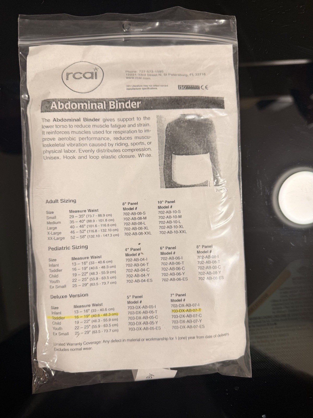 RCAI Deluxe Pediatric Abdominal Binder Toddler White 703-DX-AB-07-T