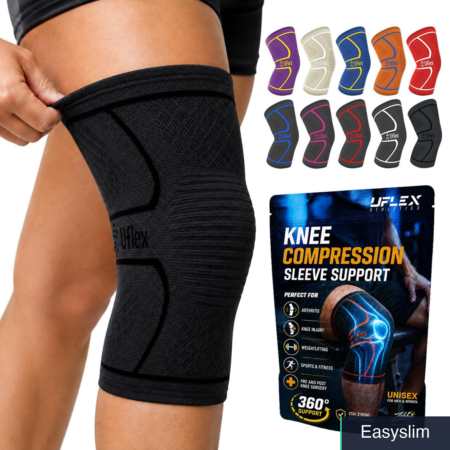 Knee Compression Sleeve Support Brace 4-Way Stretch Black Medium