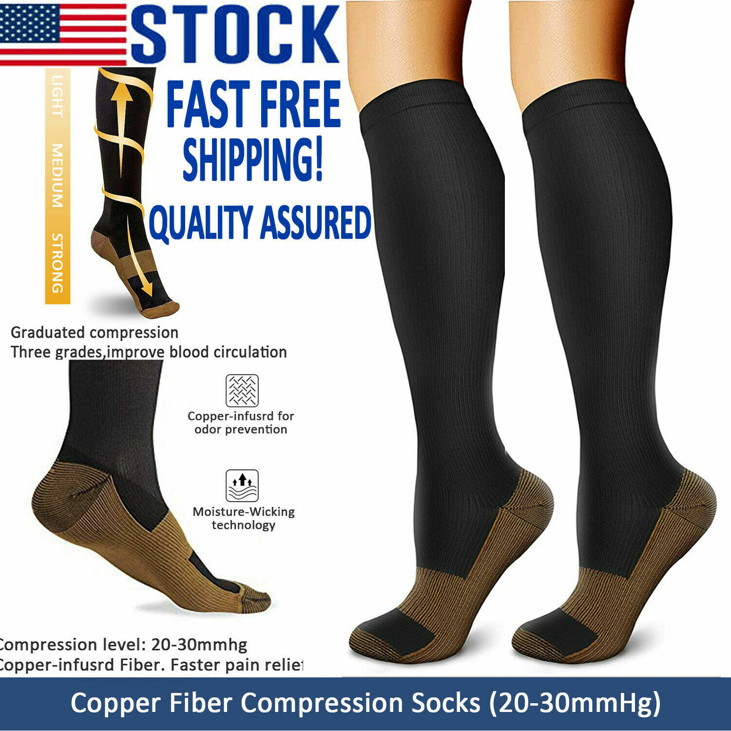 5 Pairs Copper Compression Socks 20-30mmHg Graduated Support Mens Womens S/M-XXL