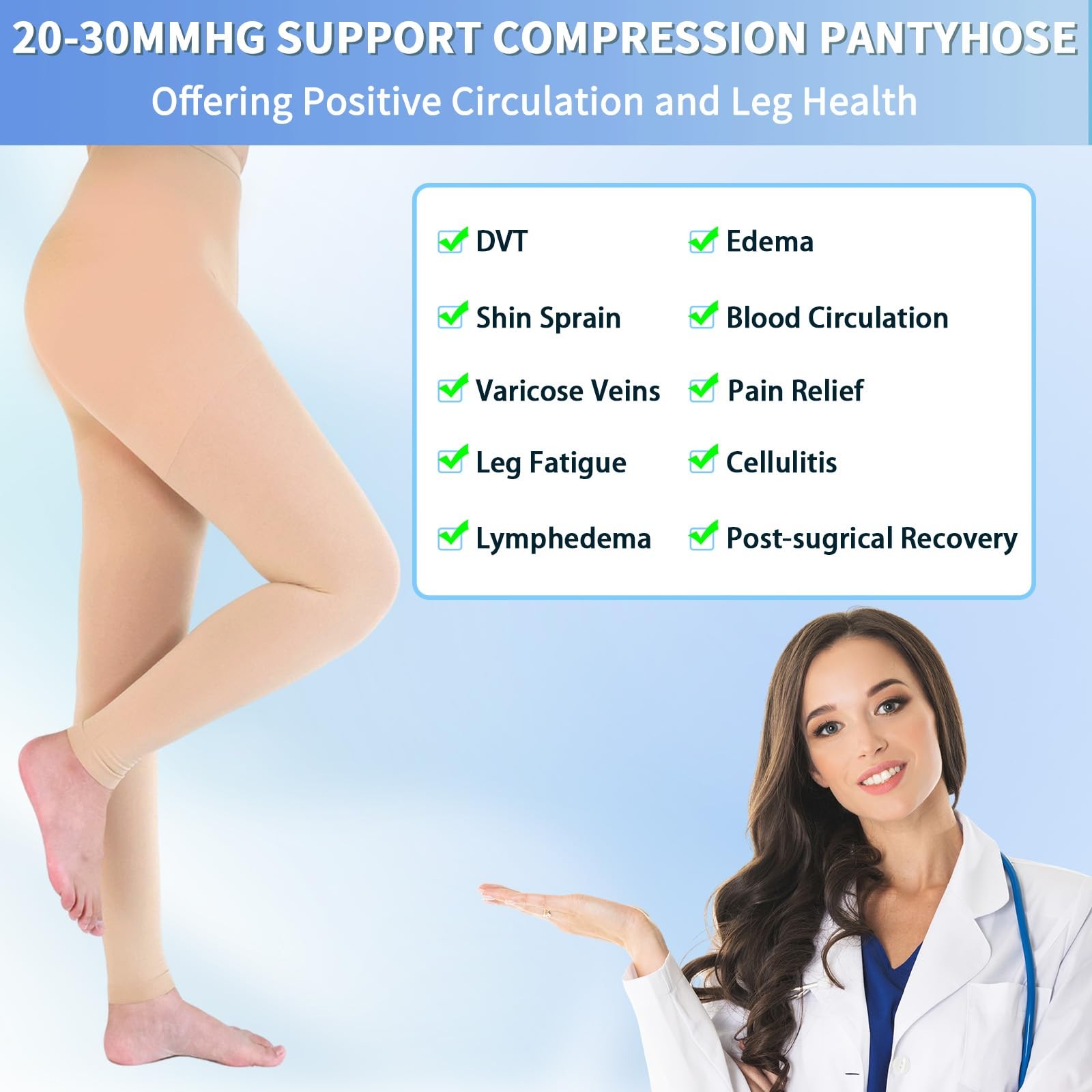 Medical Compression Pantyhose 20-30mmHg Graduated Support for Women & Men