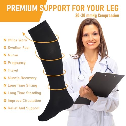 Open Toe Compression Socks for Women Men – 20-30 mmHg Toeless Knee Large Black