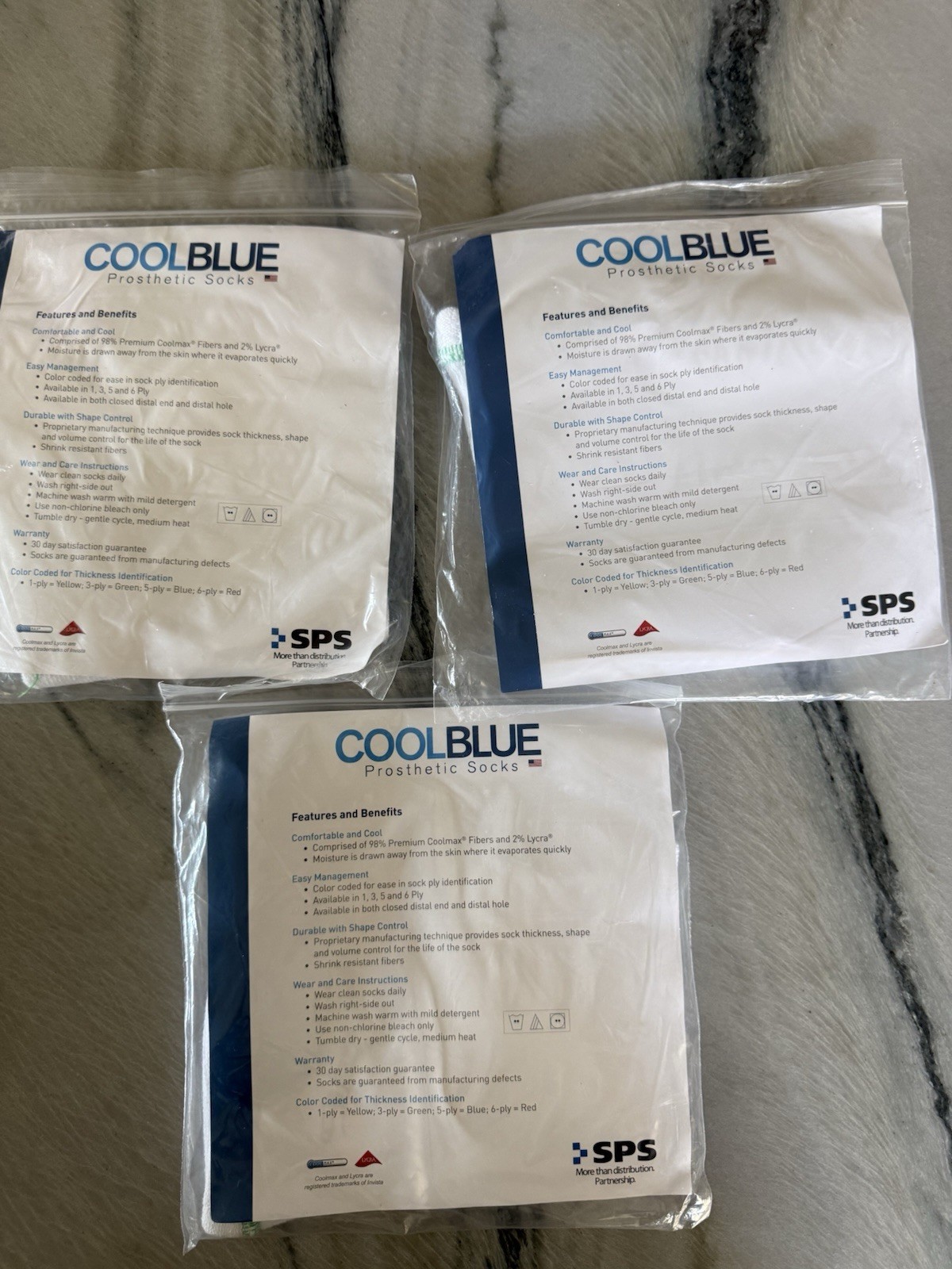 Cool Blue 3 Ply Prosthetic Sock 3 Pack Size 3,4 Length 10-14 Model CB3HMSH2