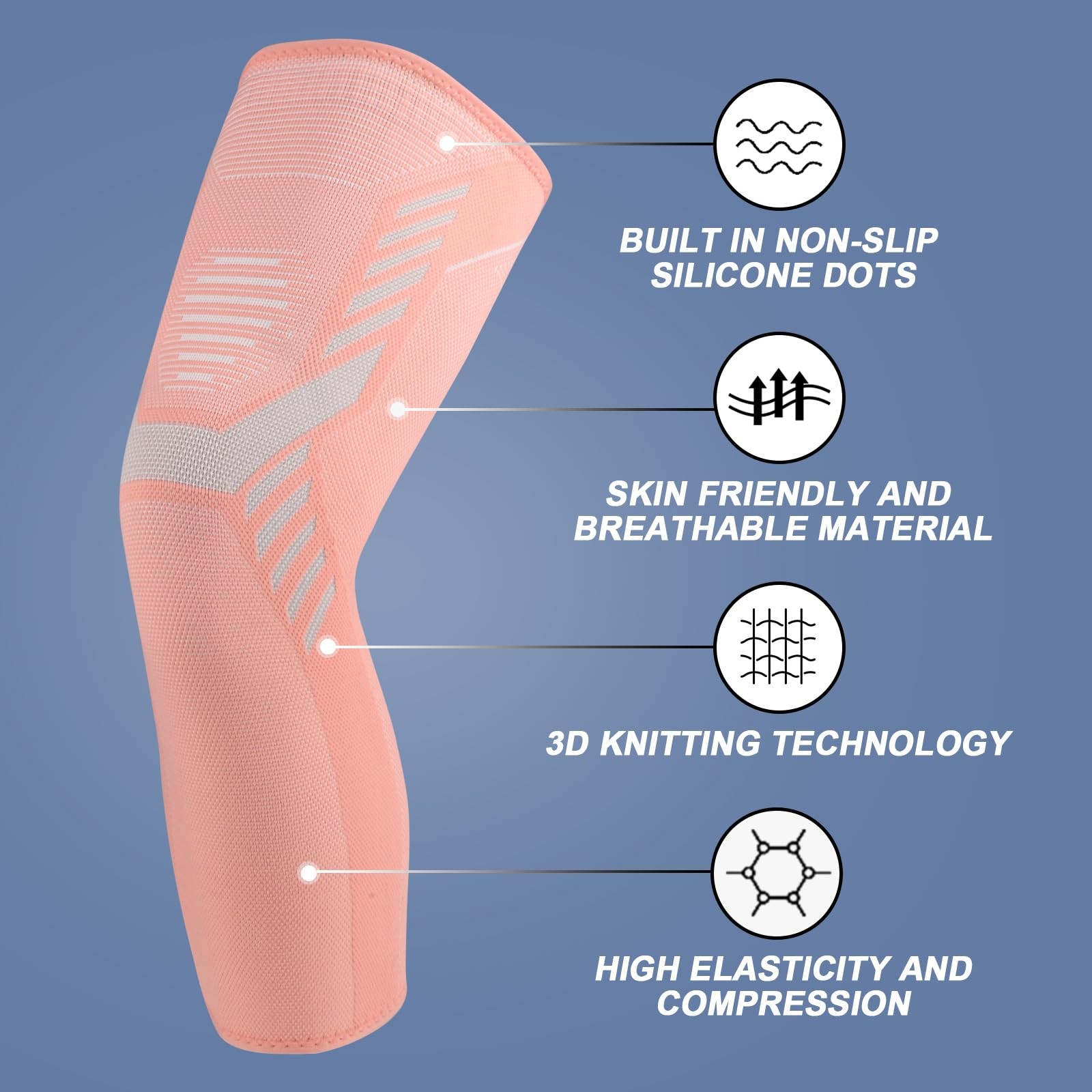 1 Pair Long Leg Compression Sleeve Knee Braces with Non Slip Silicone Sports