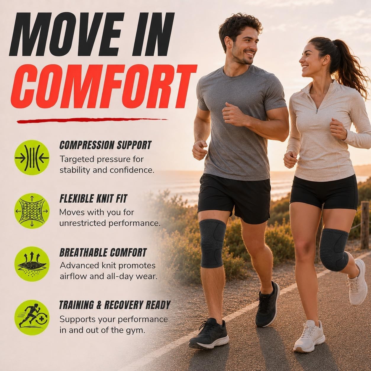 Black Knee Support Wraps with Non-Slip Grip for Enhanced Stability & Pain Relief