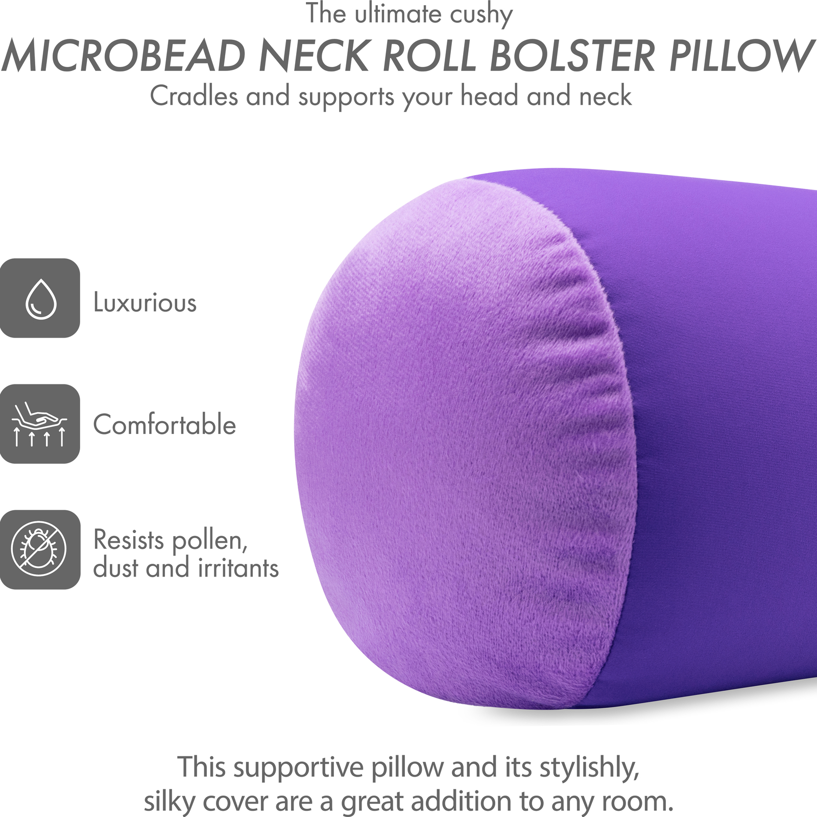 Microbead Bolster Neck Roll Pillow – Silky Feel, 14″ x 8″, Dark Lavender