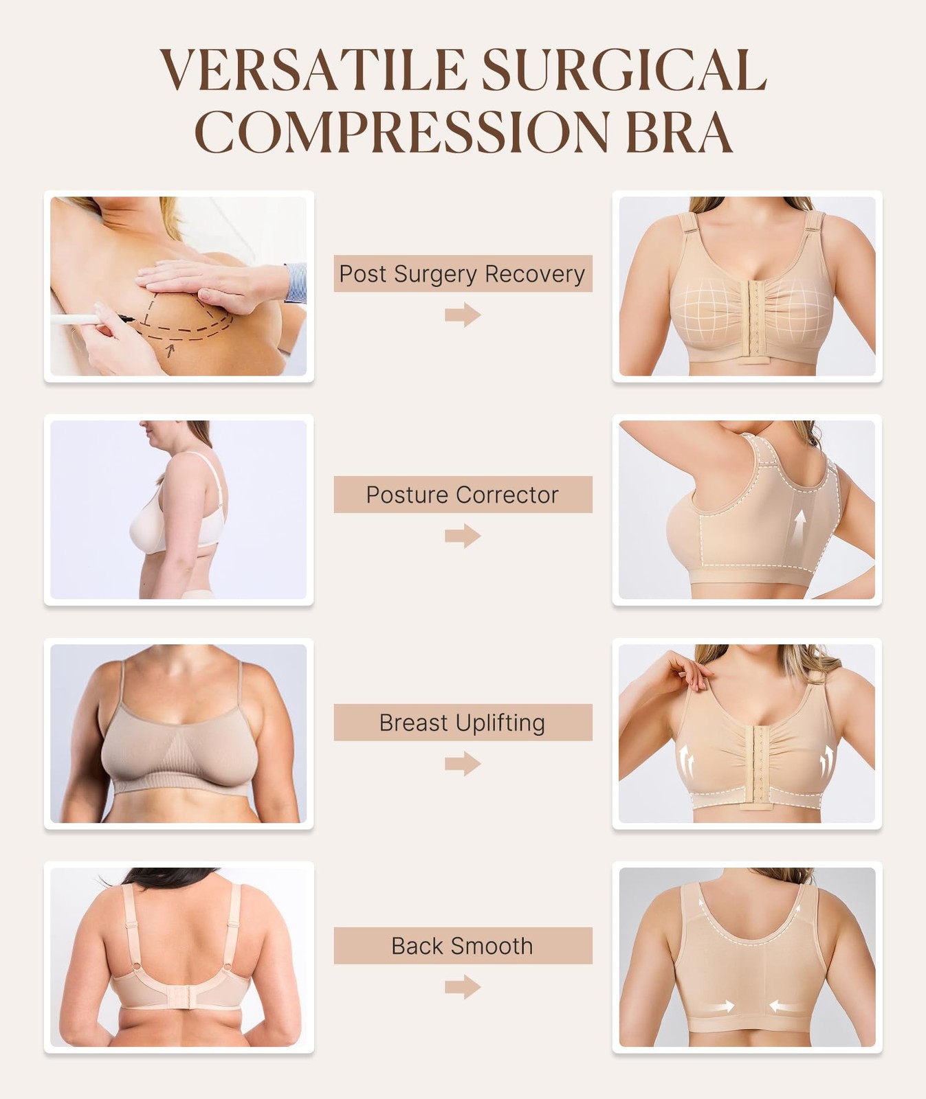 Post Surgery Front Closure Mastectomy Bra, Wireless, Beige, XXLarge