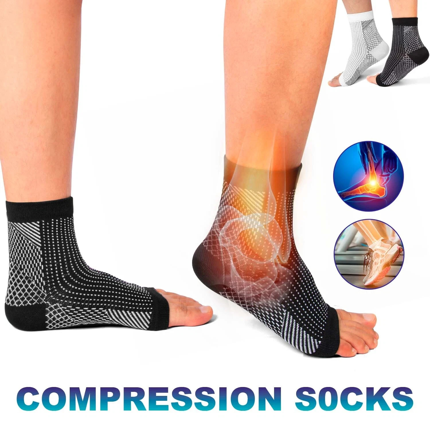 1Pairs Compression Toeless Socks Ankle Brace Support Fasciitis Pain Foot Relief