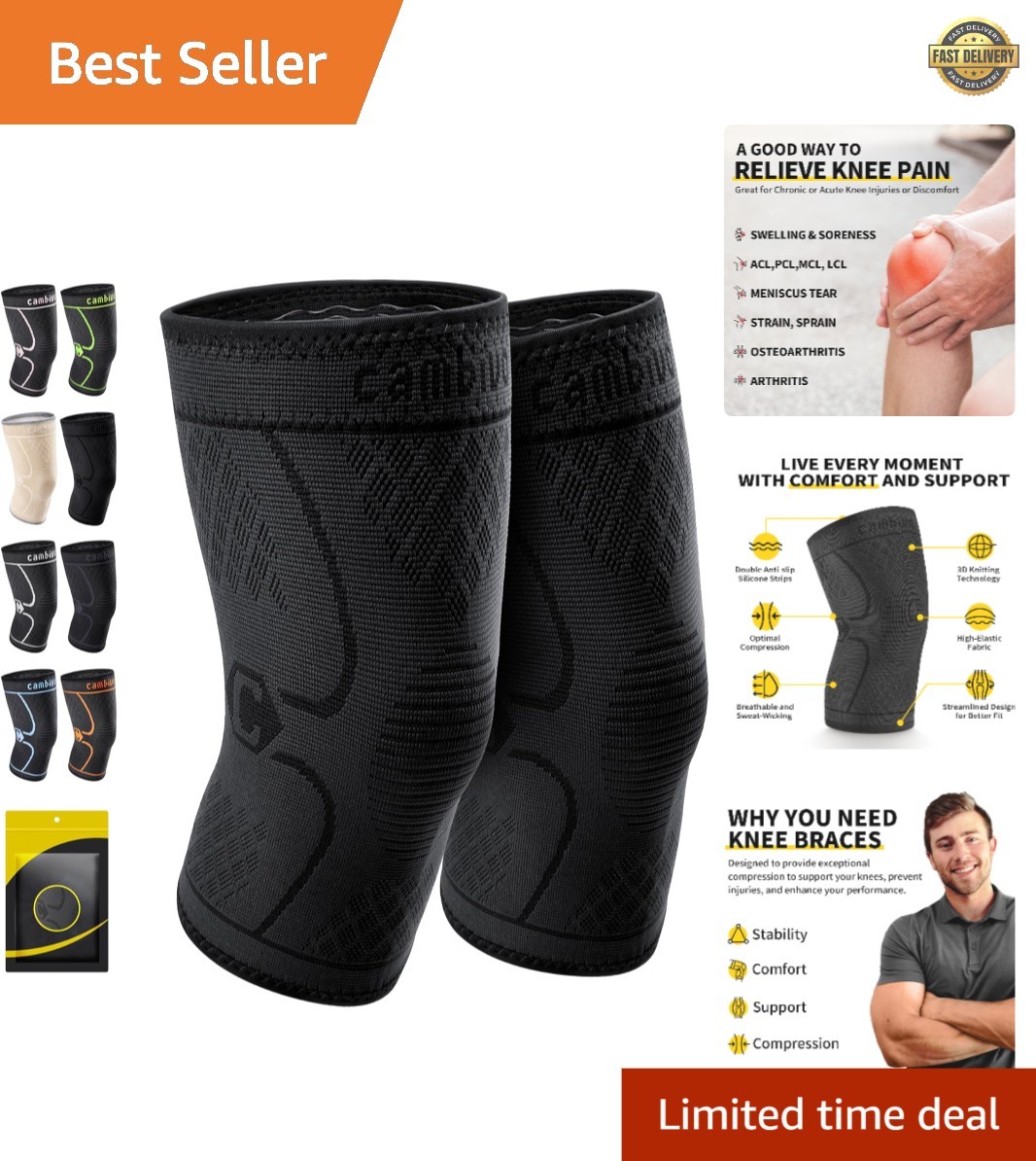 2 Pack Knee Brace Compression Sleeves – Support for Running & Sports (Large)