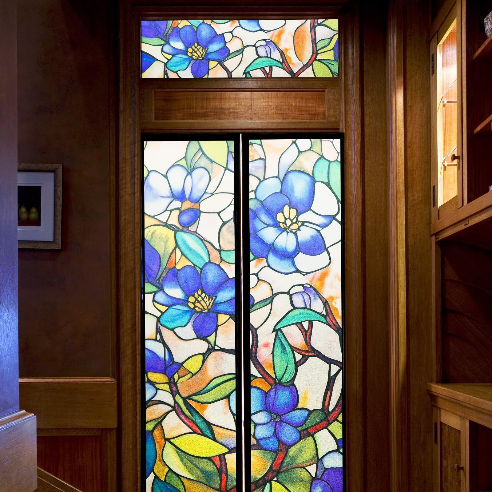 Stained Glass Window Film Floral Privacy Static Cling UV Heat Control 24×36, New