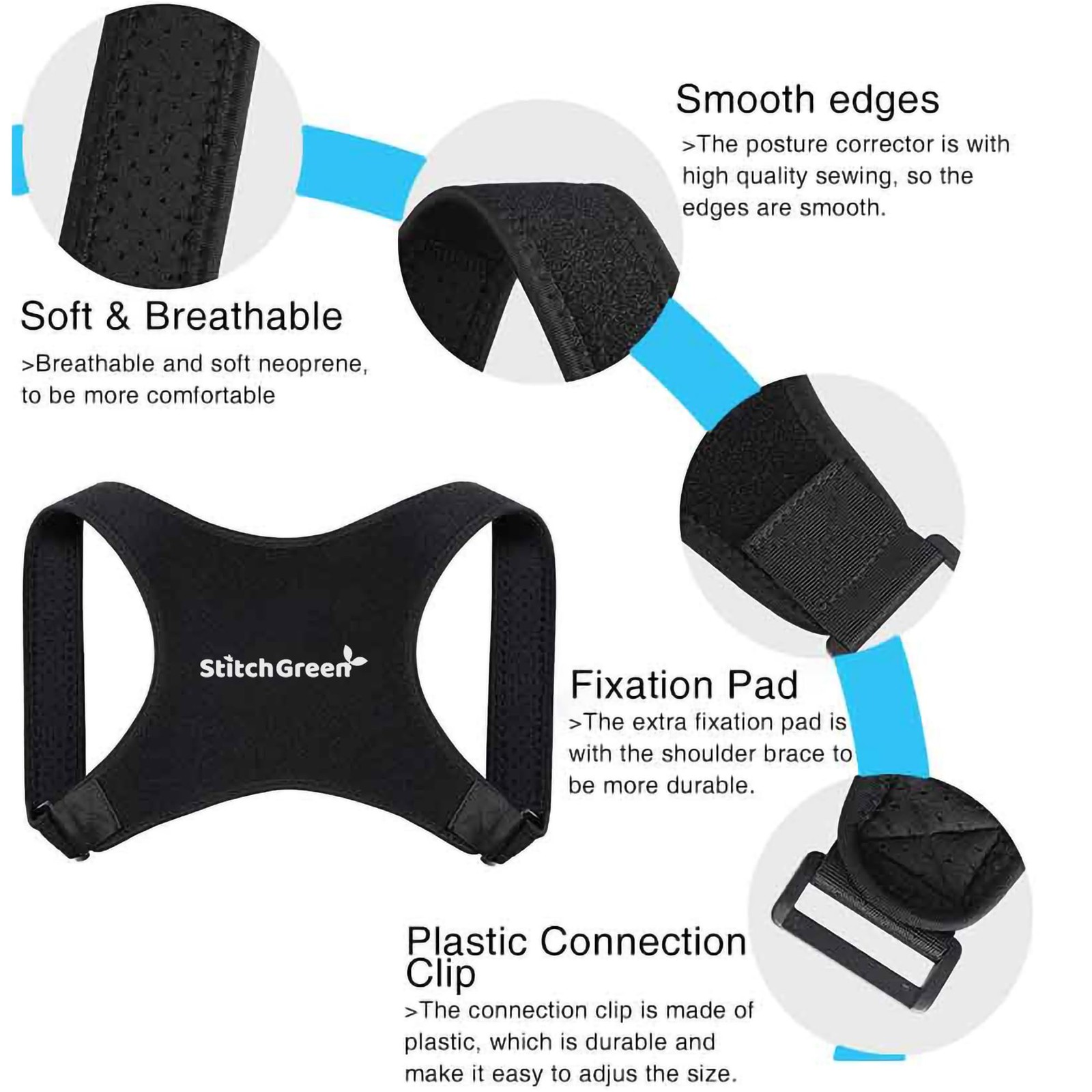 StitchGreen Posture Corrector for Men & Women, One Size, Black