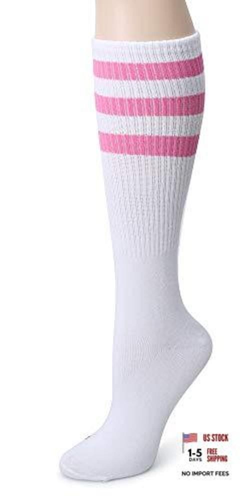 Knee High Tube Socks: Over the Calf Retro Socks | One Size X02-white/Pink