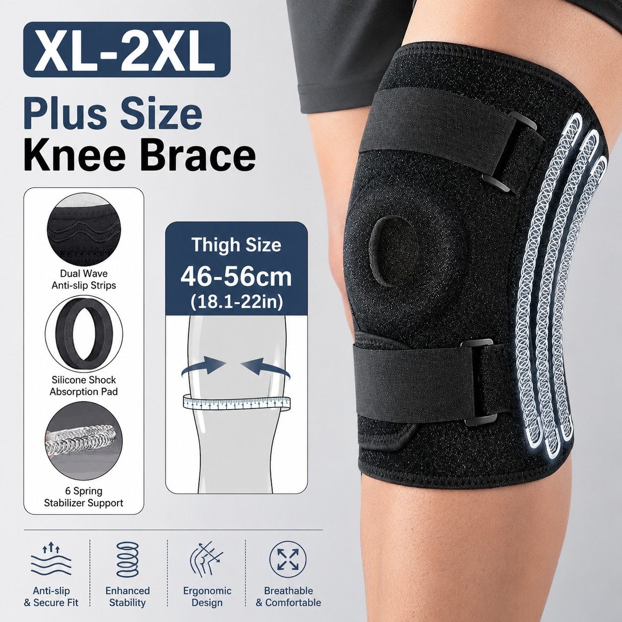 Knee Brace XL-8XL Compression Adjustable Patella Support Running Walking Large