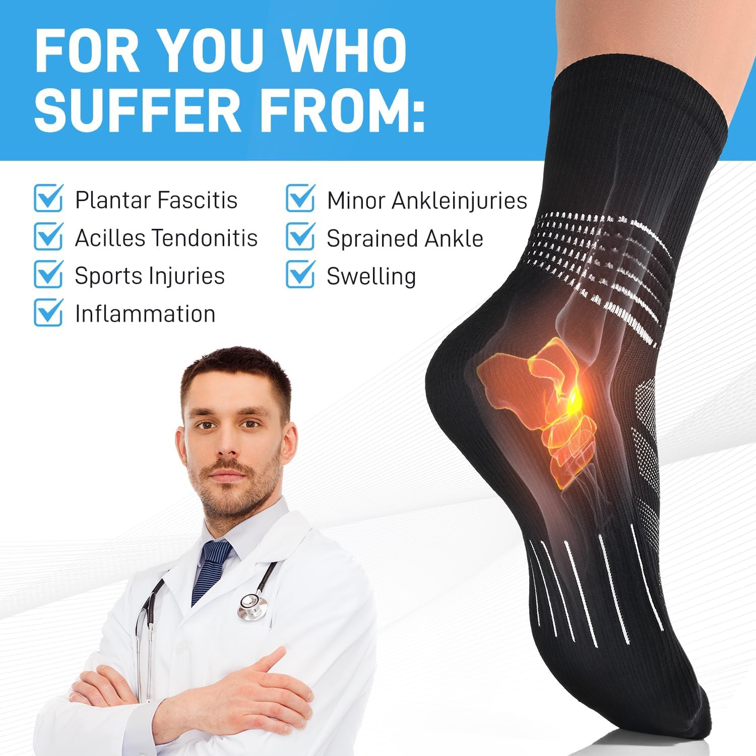 Compression Ankle Support Crew Socks Men Women Wicking Plantar Fasciitis Relief