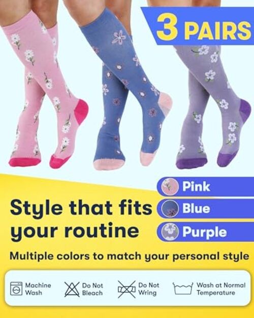 Bamboo Viscose Light Compression Large Flowers (Pink, Purple, Blue) – 3 Pairs