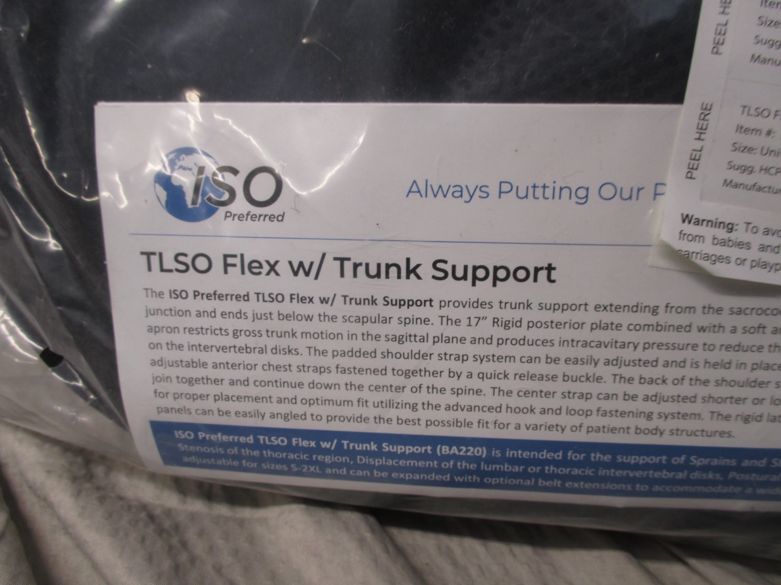 ISO Preferred TLSO Flex Trunk Support Back Brace BA220 Universal Size S – 2XL