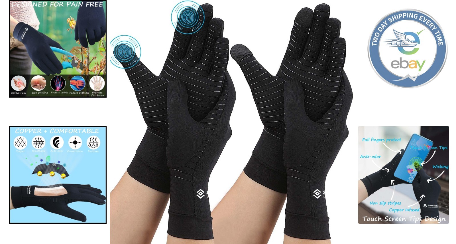 Large Compression Arthritis Gloves – Copper Touch Screen Full Finger Support
