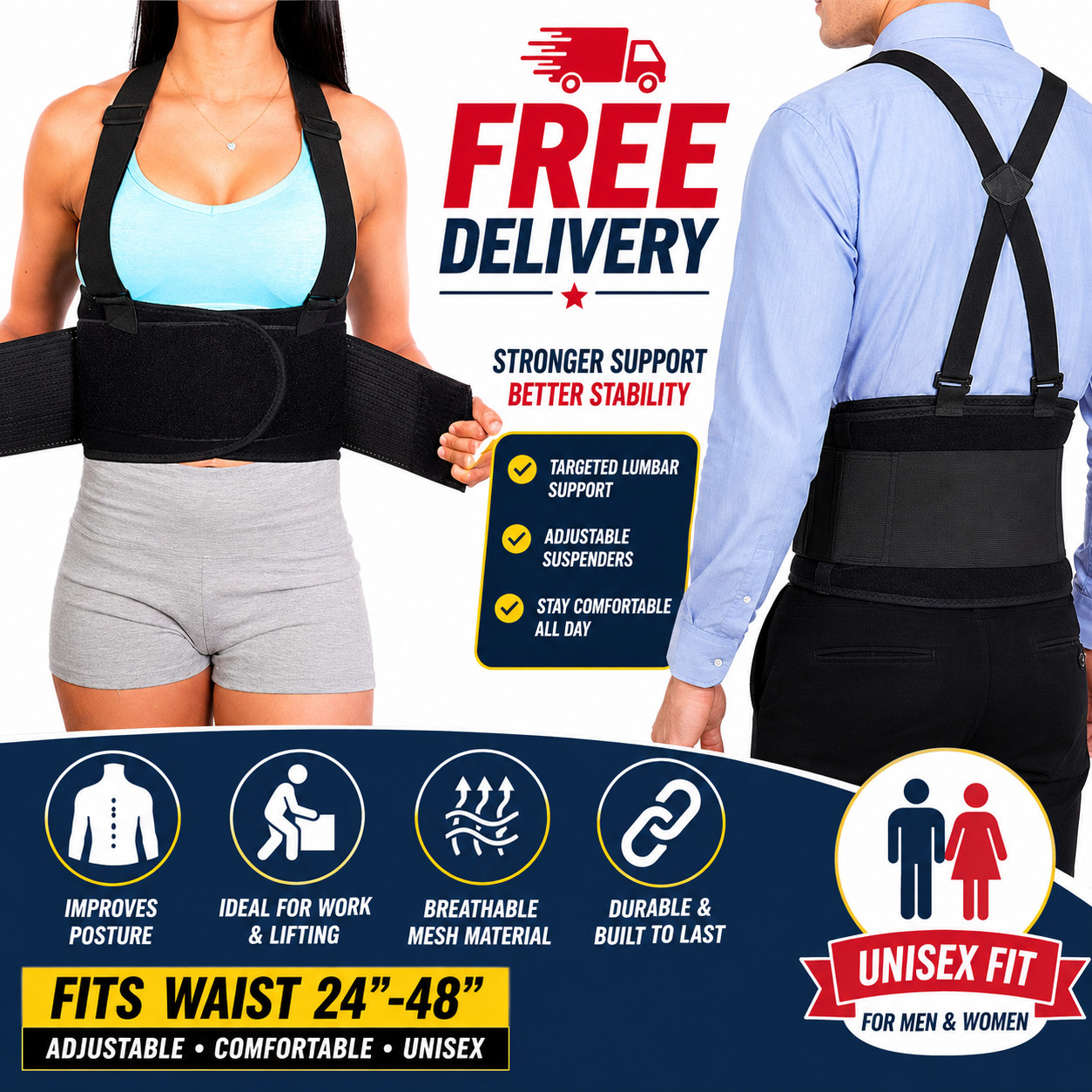 Heavy Duty Back Brace Suspenders Adjustable Lumbar Support Belt Work Men Women