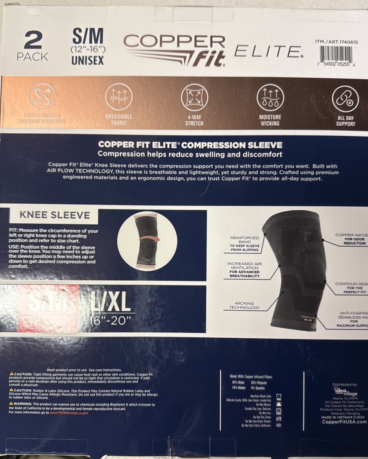 Copper Fit Elite Compression Knee Sleeve 2 Pk S/M 12-16” Airflow NEW