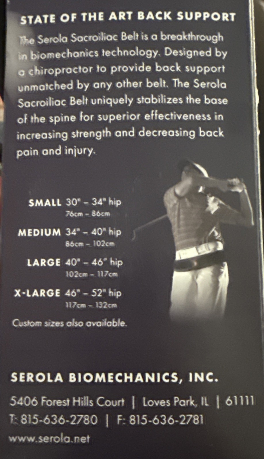 SEROLA Biomechanics Sacroiliac Pain Relief Belt Size Med Fits 40”- 46” Hip USA