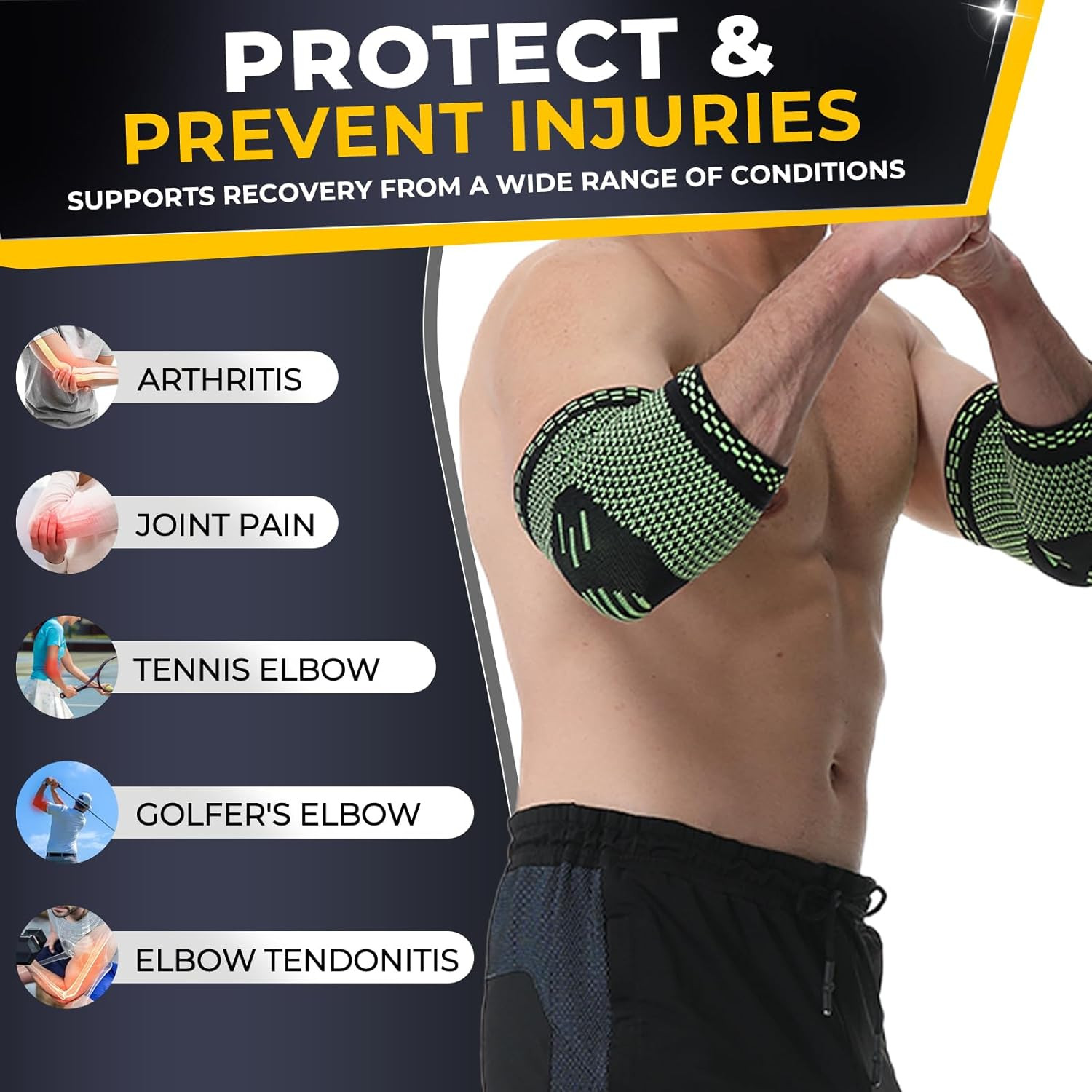 Elbow Support Brace – Breathable – Men, Women, Right or Left (Green Color, Size