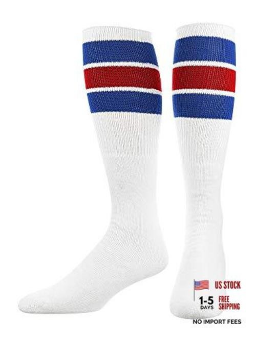 Retro Tube Socks with Stripes for Men & Women – 3 Stripe, 70’s Large Royal/Red