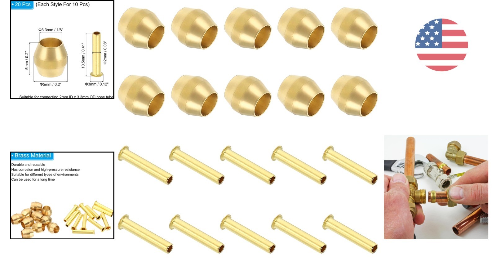 20-Piece Brass Ferrule Set for 1/8 Inch OD Hose Tube – High-Pressure Resistance