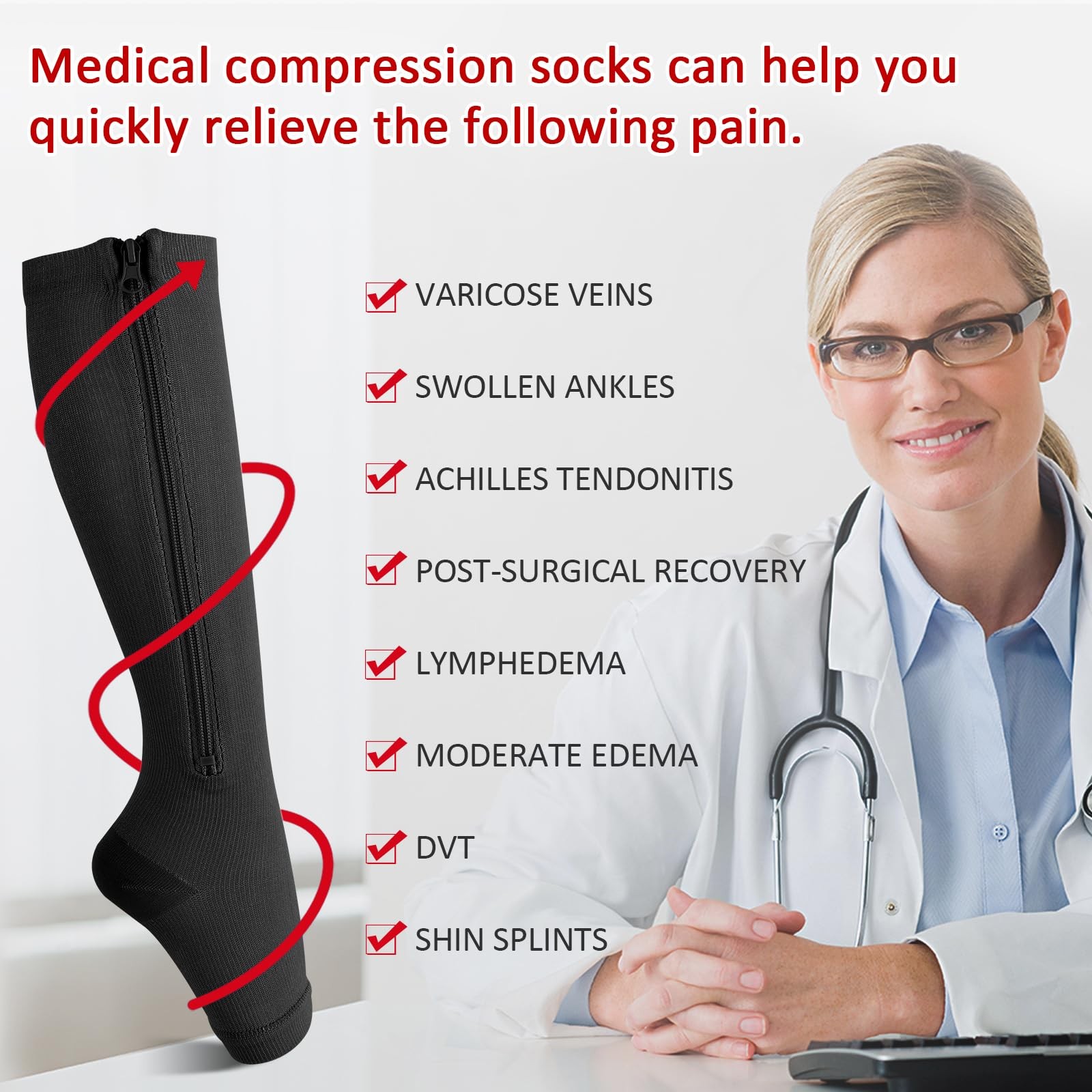 Ailaka 3 Pairs Compression Socks with Zipper, Large/X-Large (3 Pair), Black