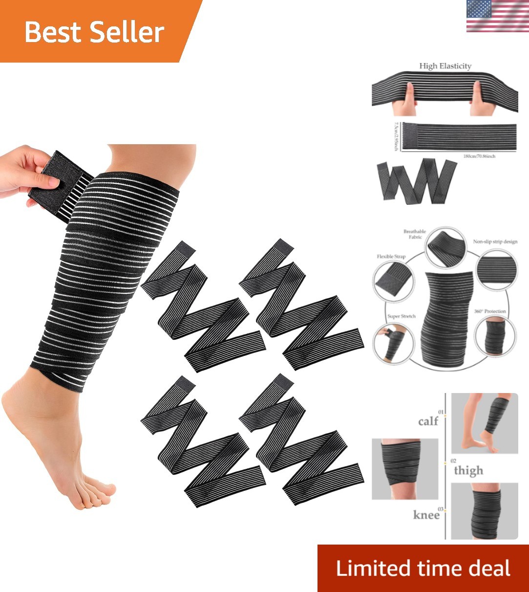 Compression Bandage Wraps for Leg, Elastic Calf Compression Sleeve Ankle Supp…