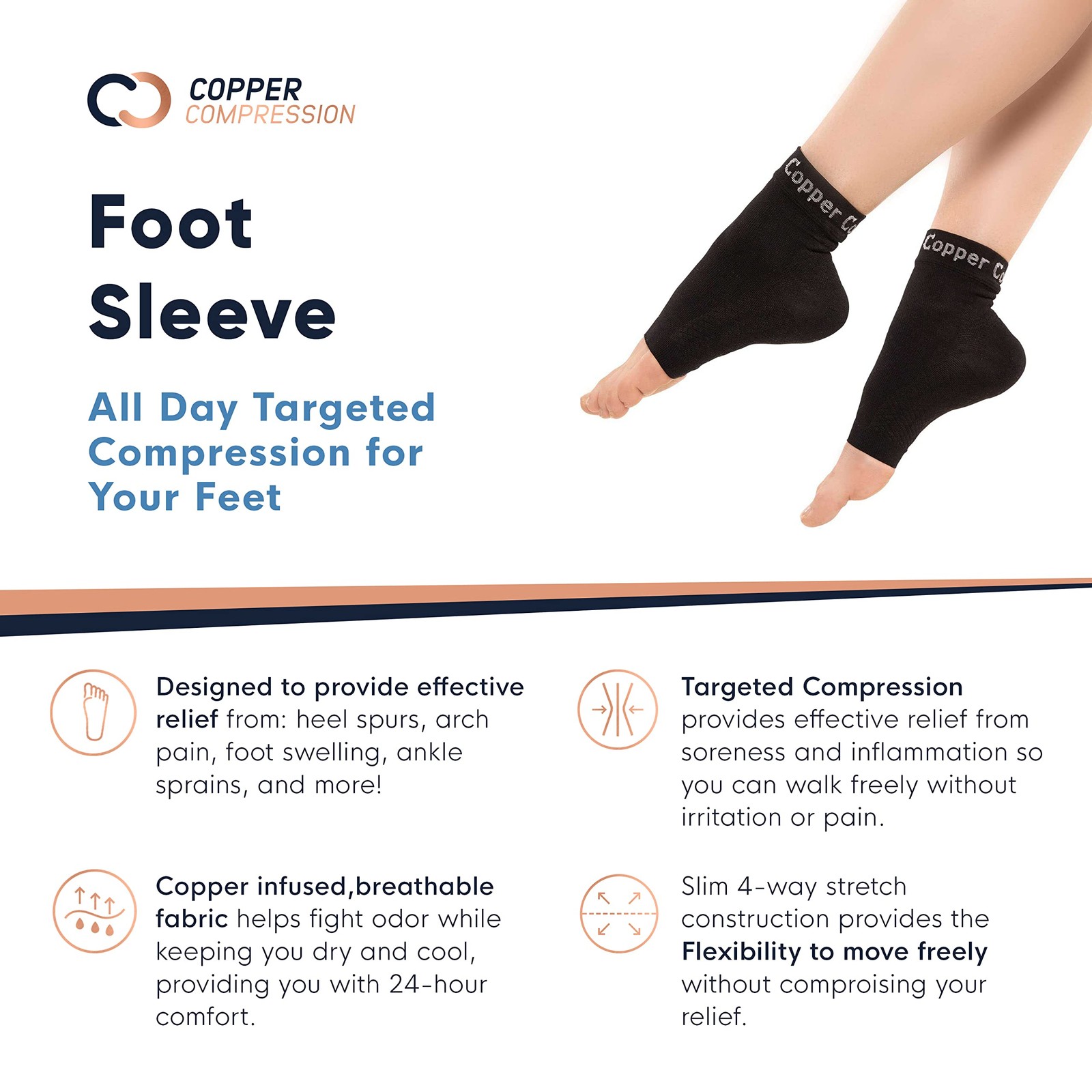 Copper Compression Recovery Foot Sleeves / Small/Medium (1 Pair), Black