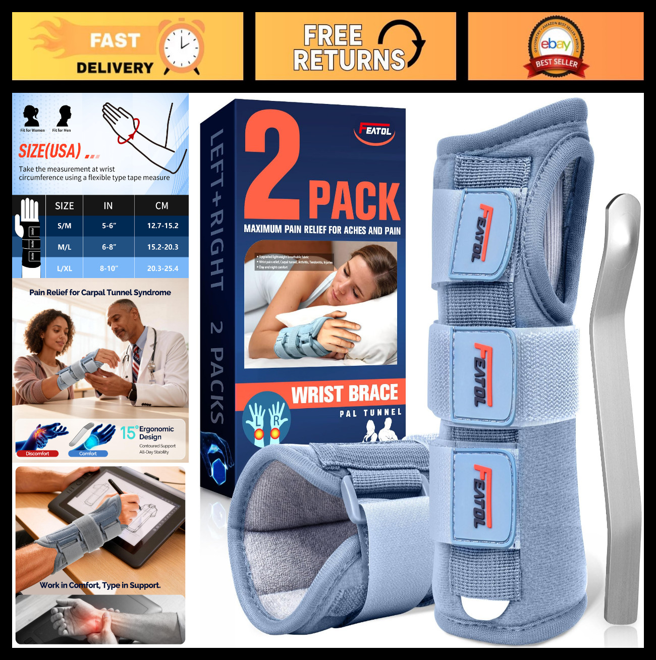 2 Pack Adjustable Wrist Brace for Carpal Tunnel Relief, Metal Splints, Medium/La
