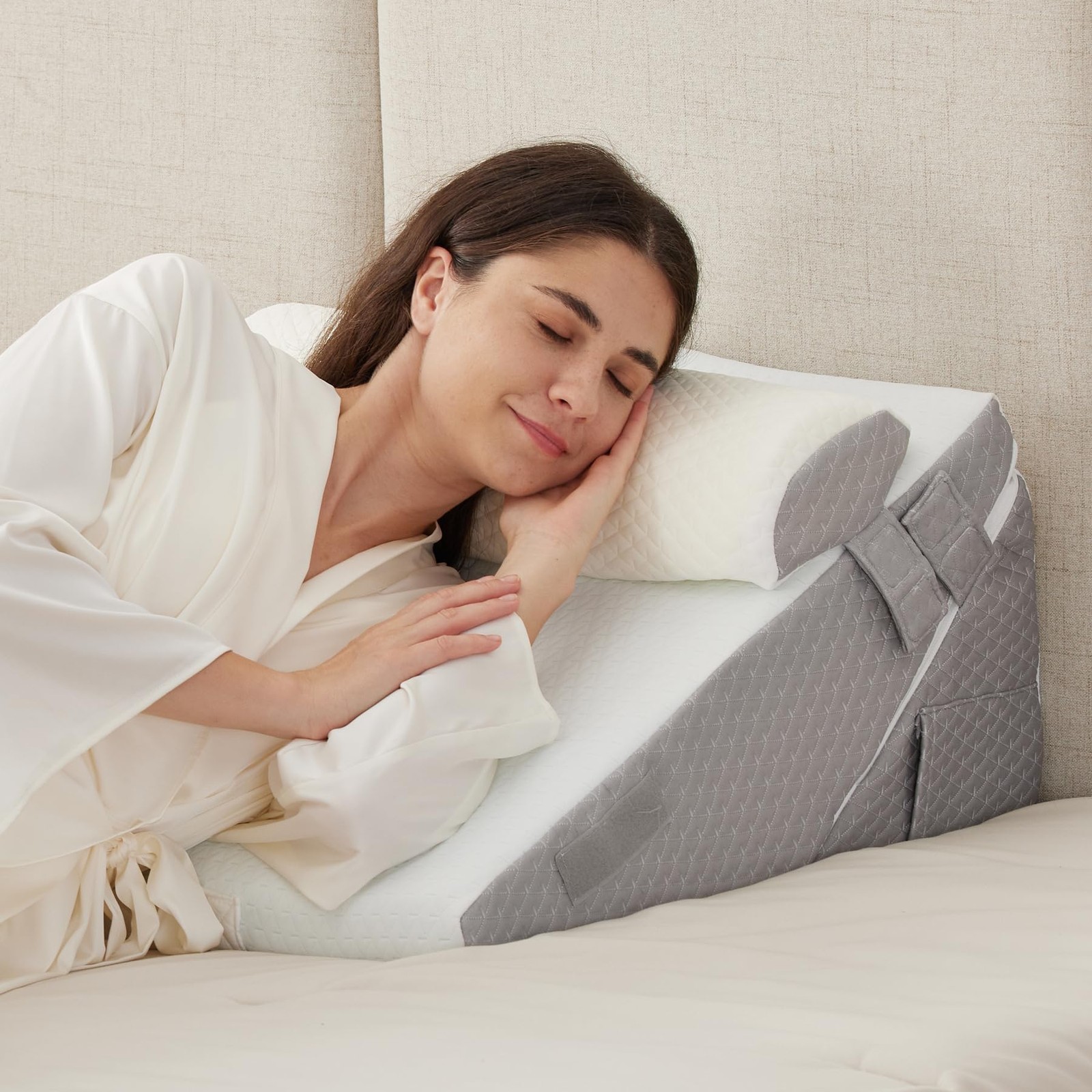 Ruqmuis 3PCS Wedge Pillow Adjustable 9&12 Inch + 1 Head Pillow, White/Grey