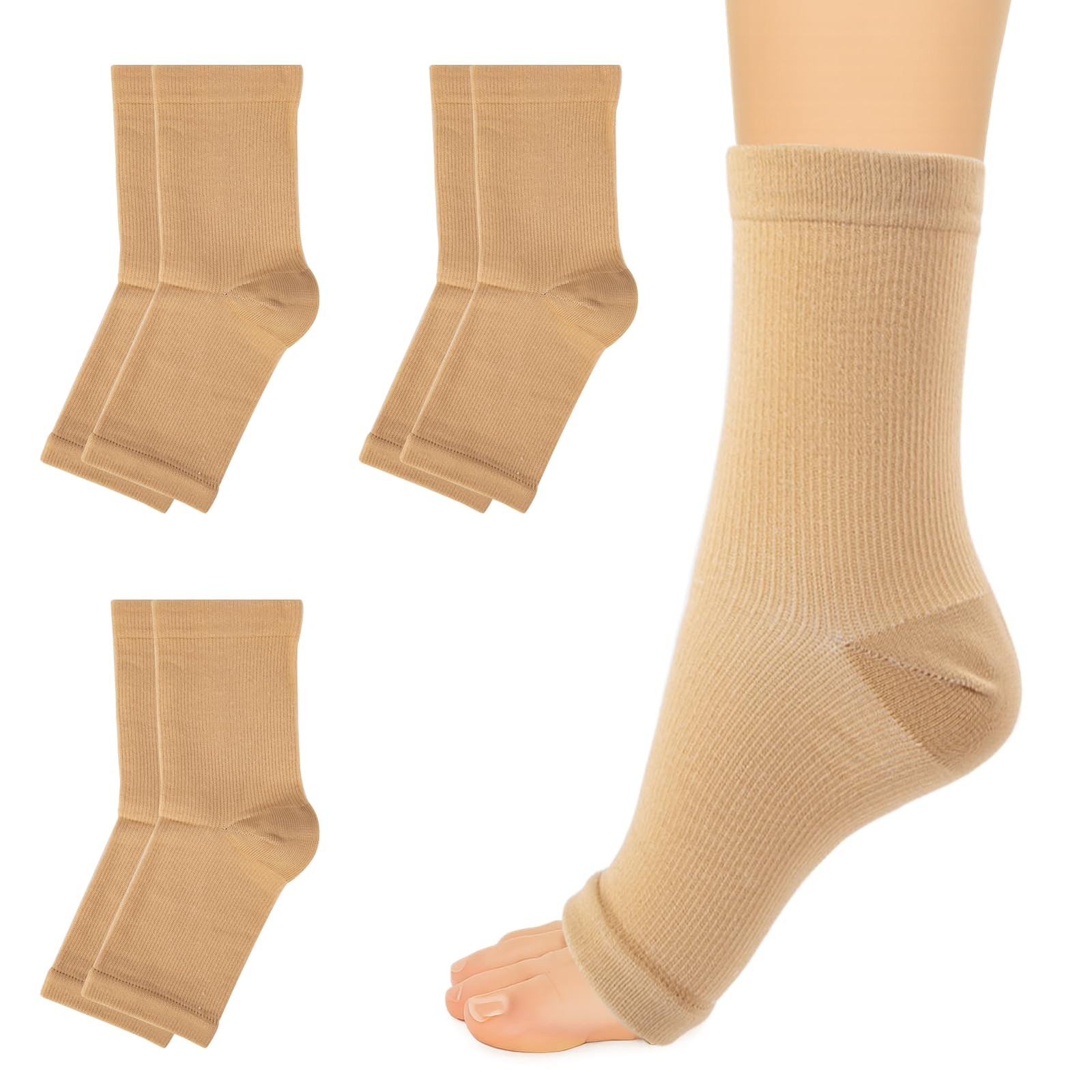 3 Pack Compression Ankle Support Socks 8-15 mmHg Open Toe mmHg, beige