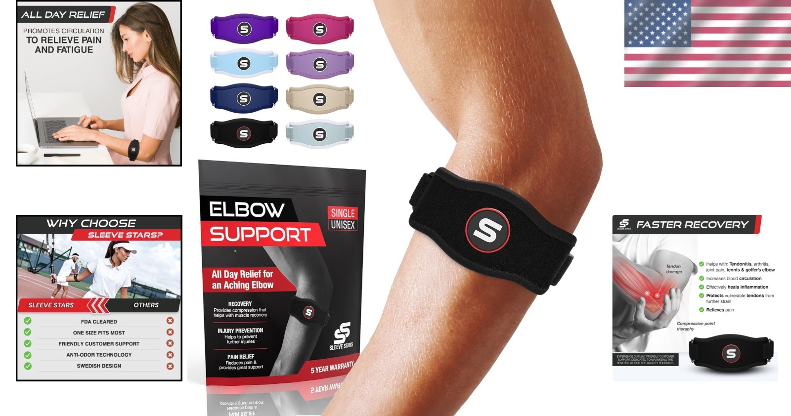 Unisex Sleeve Stars Tennis Elbow Brace & Strap for Tendonitis Relief (Black)