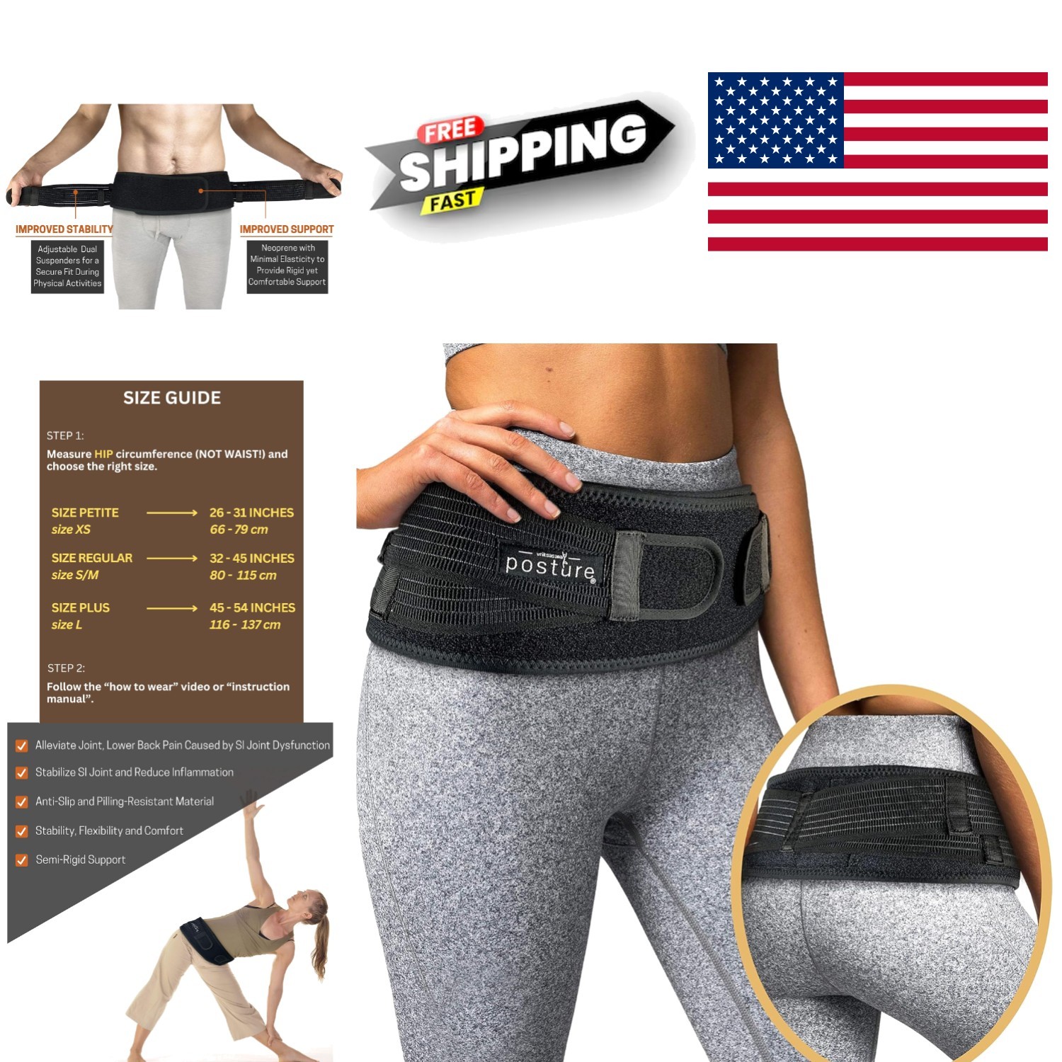 Dual Adjustment Sacroiliac Belt Black Regular Size for Comfort and Stability