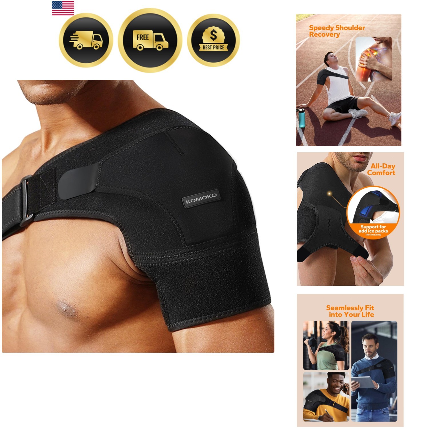 Komoko Shoulder Brace, Rotator Cuff Support Brace and Arm Sling for Pain Reli…