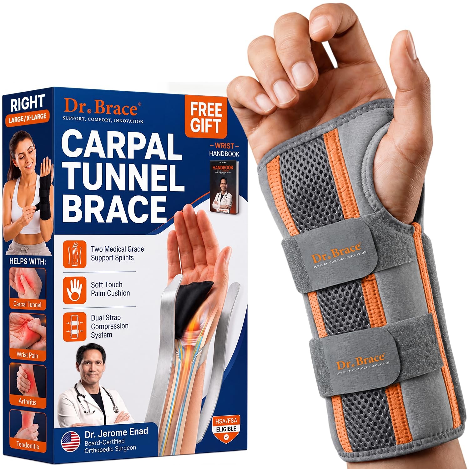 DR. BRACE Grey-Orange L/XL Right Wrist Brace Support