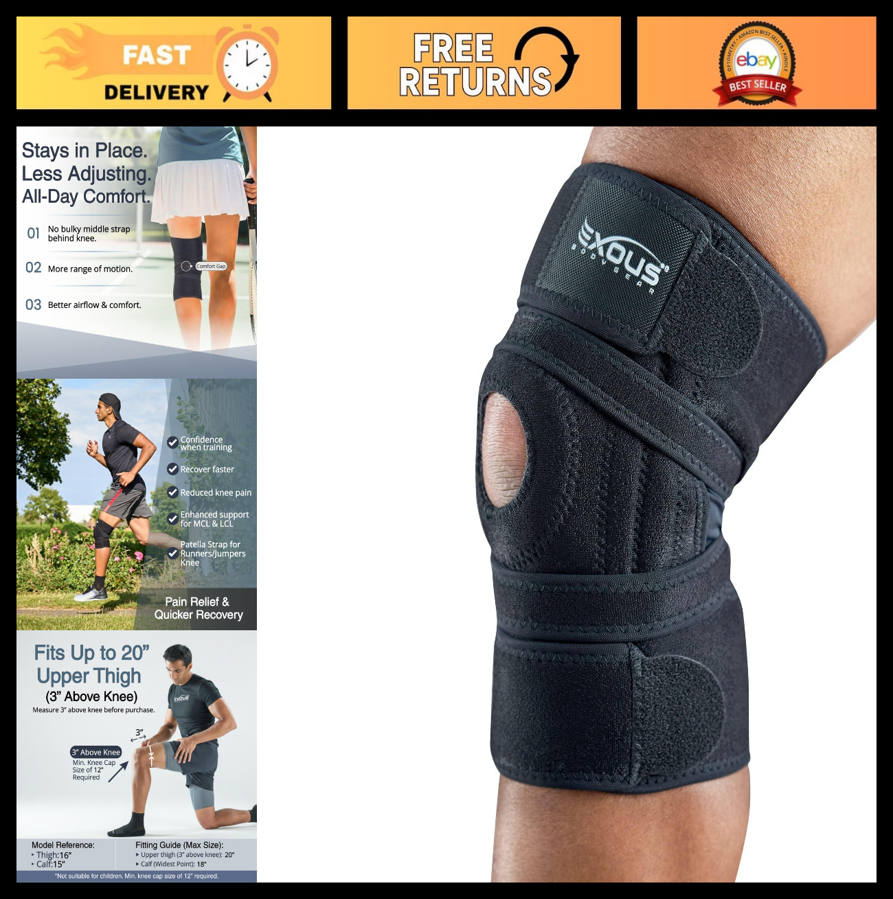 Adjustable Knee Brace for Men & Women | 4-Way Support, Stabilizers for ACL, MCL,