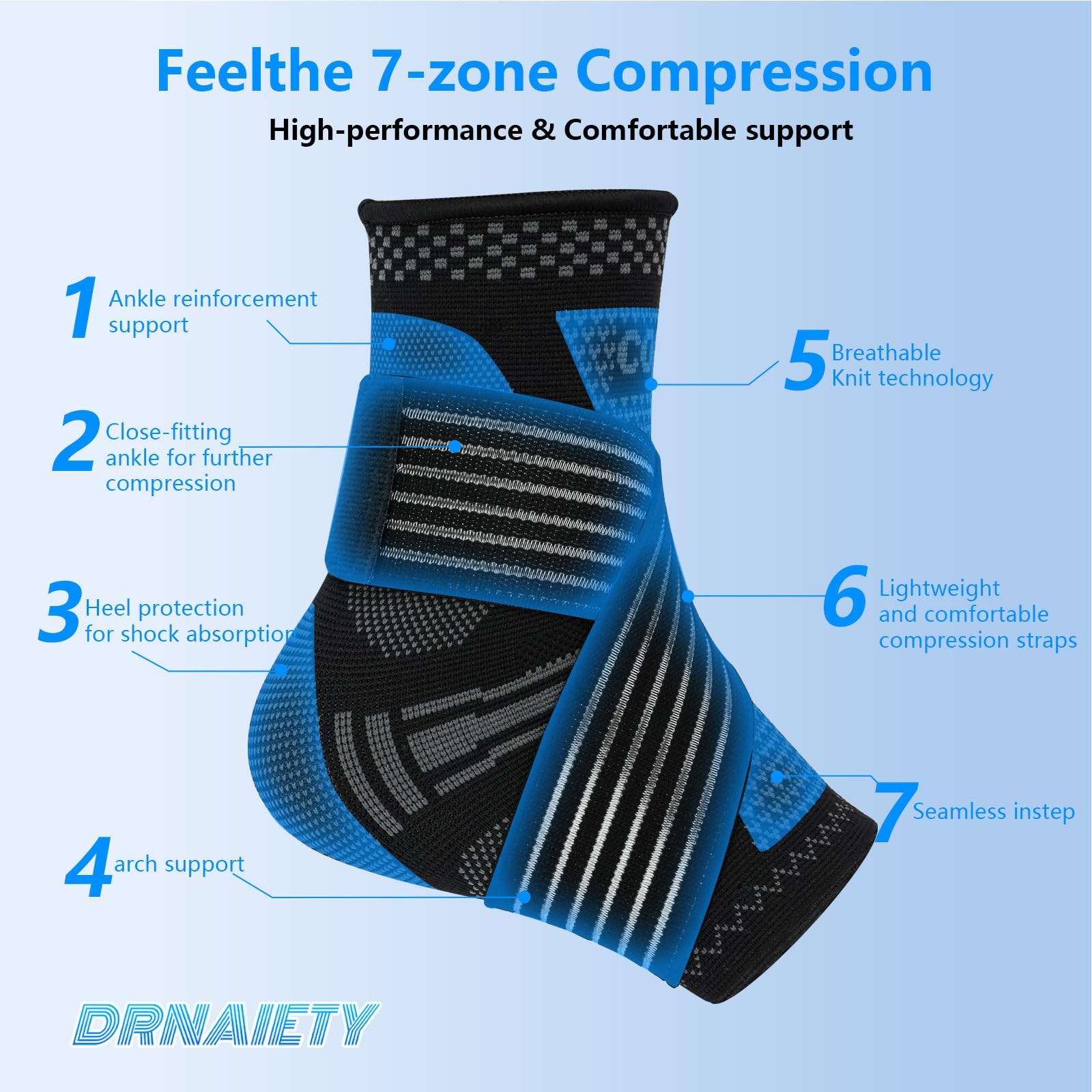 DRNAIETY 1 Pair Copper Ankle Brace for Men & Women – Adjustable Large, Black