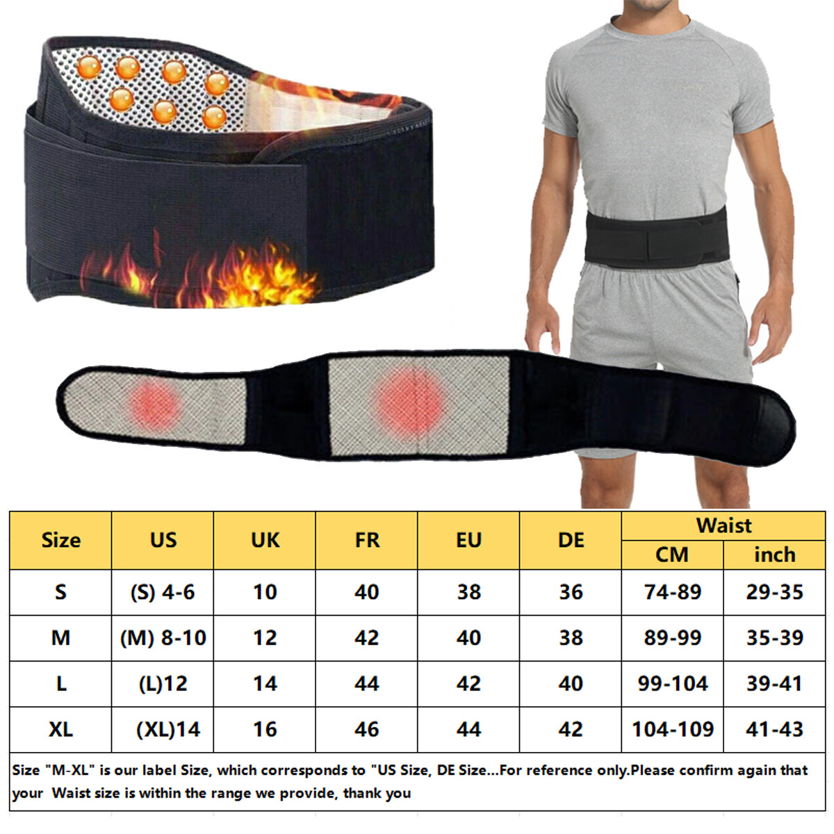 Magnetic Lumbar Lower Waist Belt Self Heating Pad Back Support Brace Pain Relief