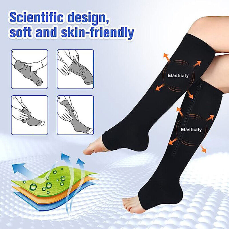 2 PAIRS Zip Up open Toe Compression Zipper Socks Calf Support Stocking Men Women