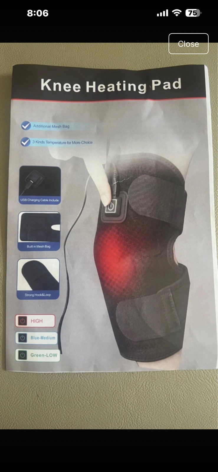 USB Knee Heating Pad Wrap Adjustable Warm Brace Pain Relief Support