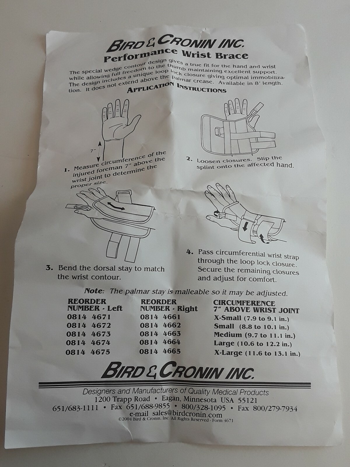 Bird And Cronin Inc. Large Size Performance Wrist Brace With Instructions no box