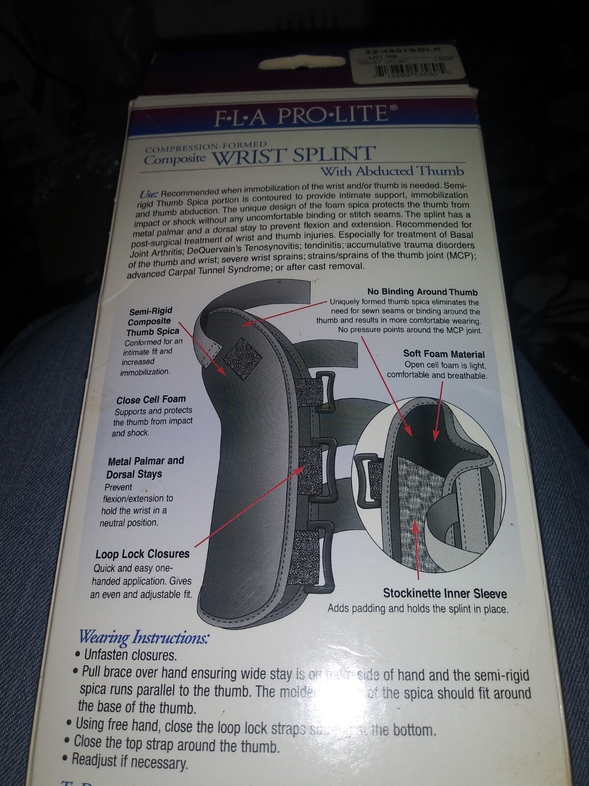 FLA ProLite Extra Small Right Wrist Splint in Black New In Box