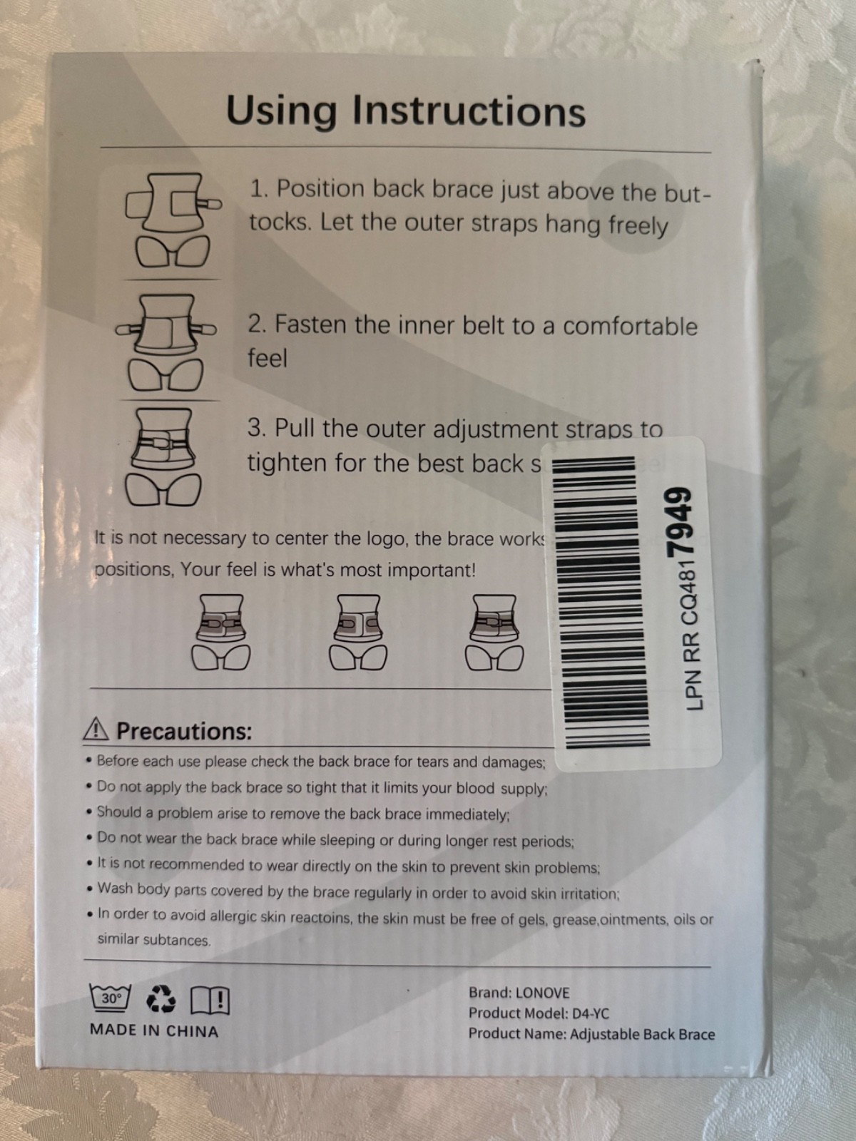LONOVE Adjustable Lower Back Brace Lumbar Support Size Medium